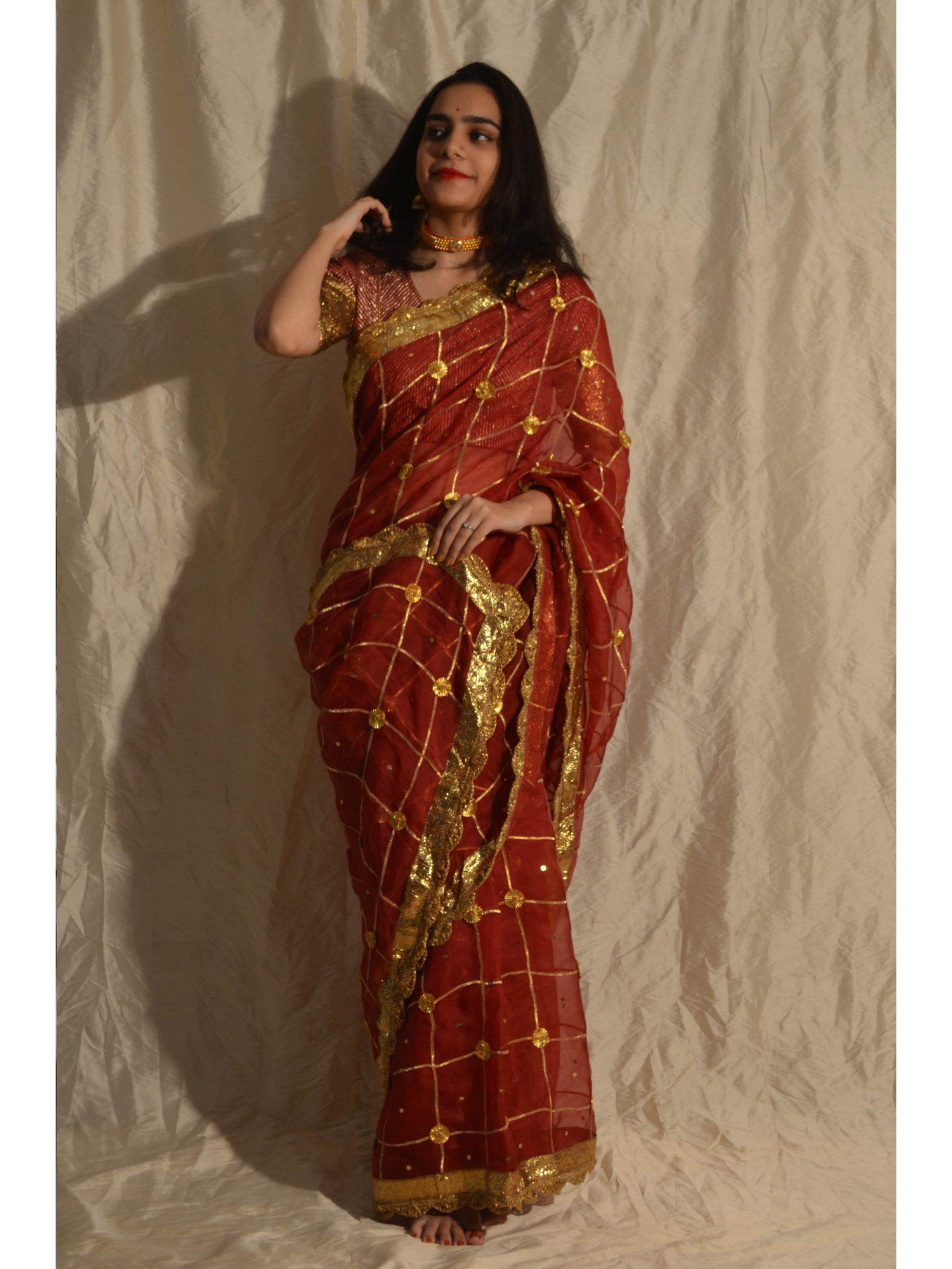 red gota jaal saree