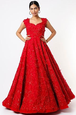 red gown with 3d detailing