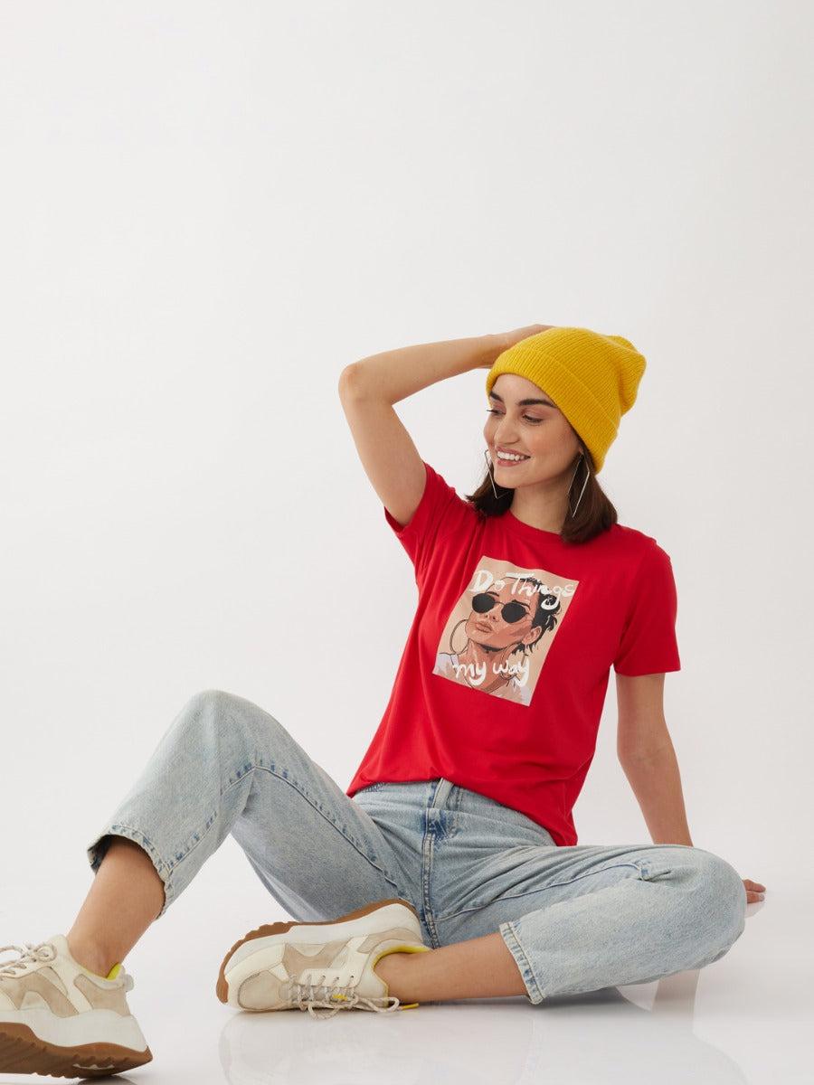 red graphic print t-shirt for women