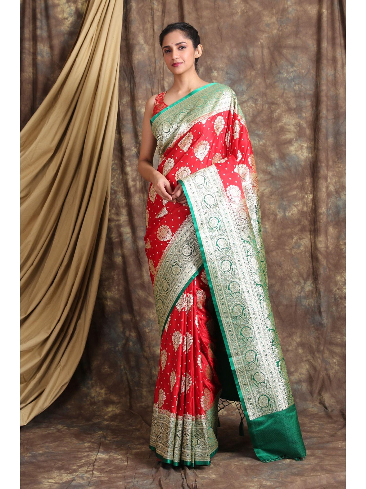 red green ethnic motifs zari pure silk saree with unstiched blouse