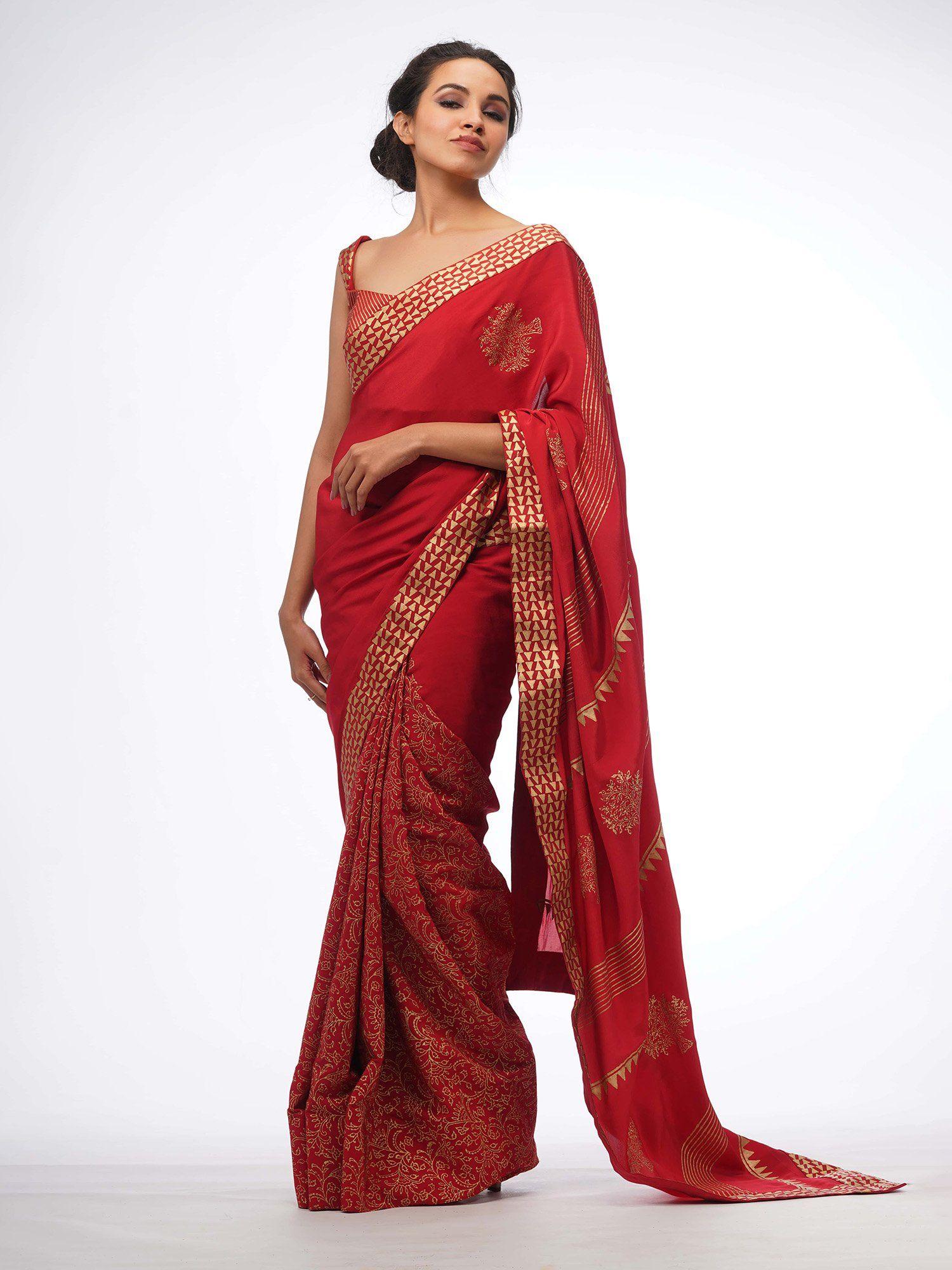 red half silk saree with stitched blouse