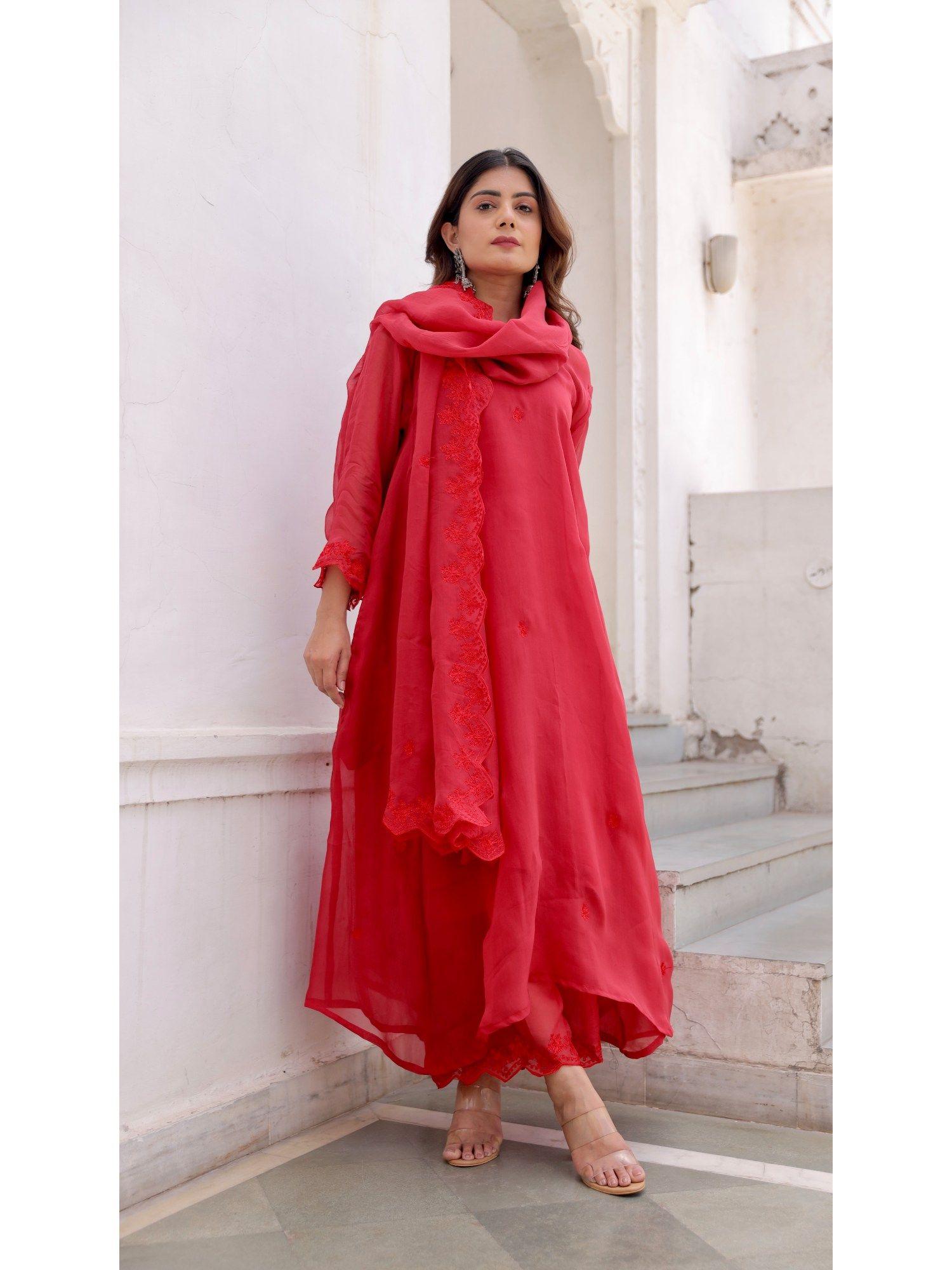 red hand aari embroidery viscose organza three kali kurta (set of 4)