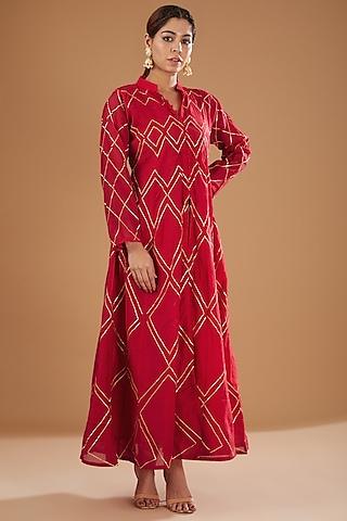 red hand block printed anarkali set