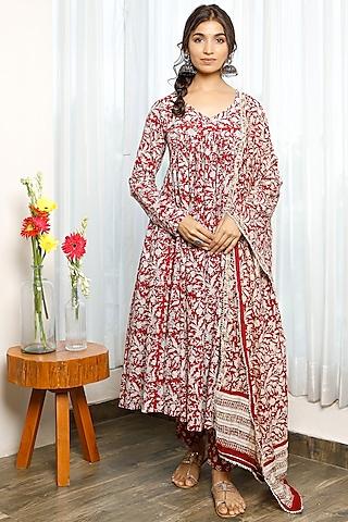 red hand block printed anarkali set