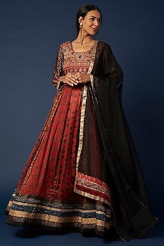 red hand block printed anarkali set