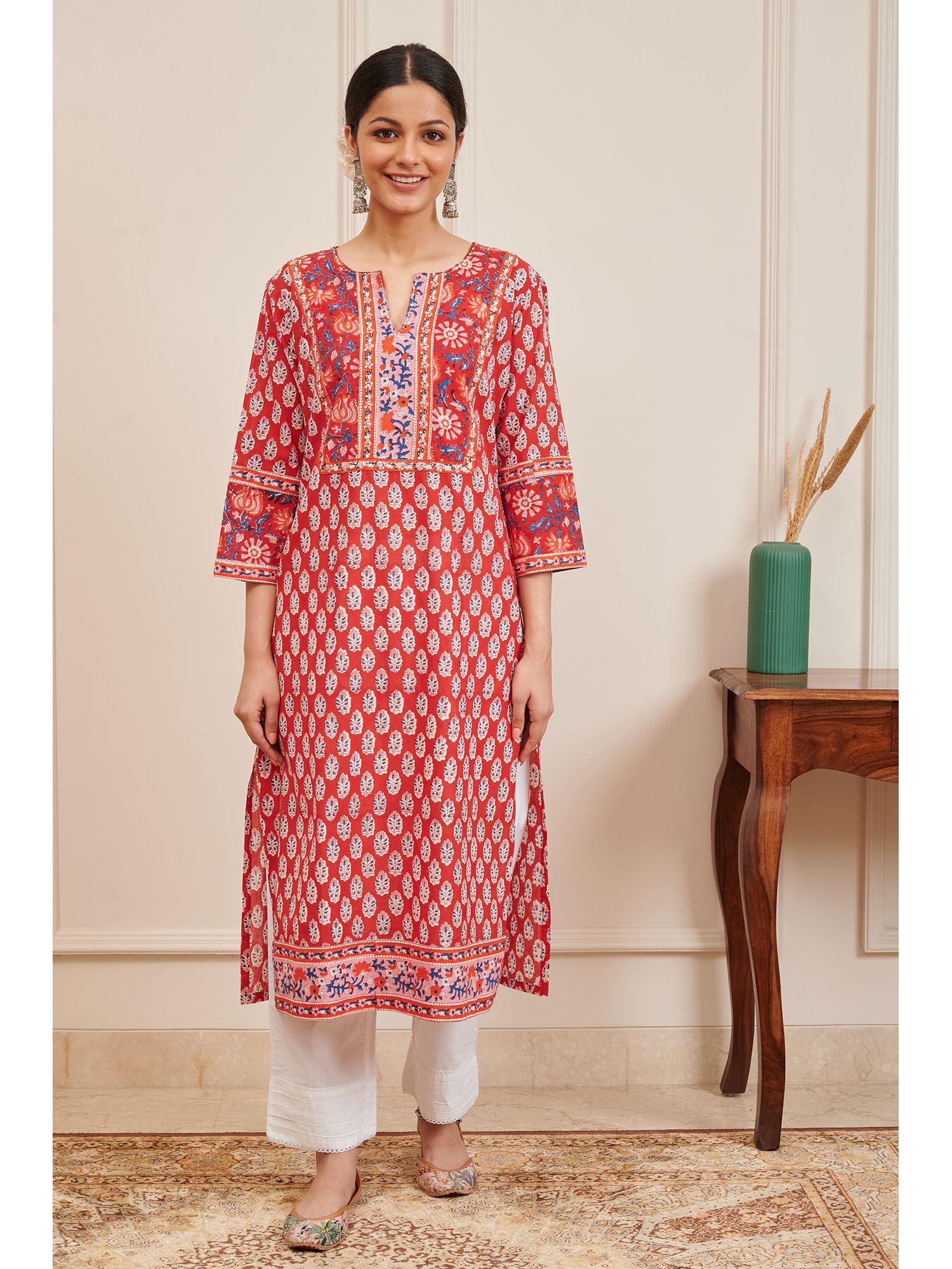 red hand block printed sanganeri kurta