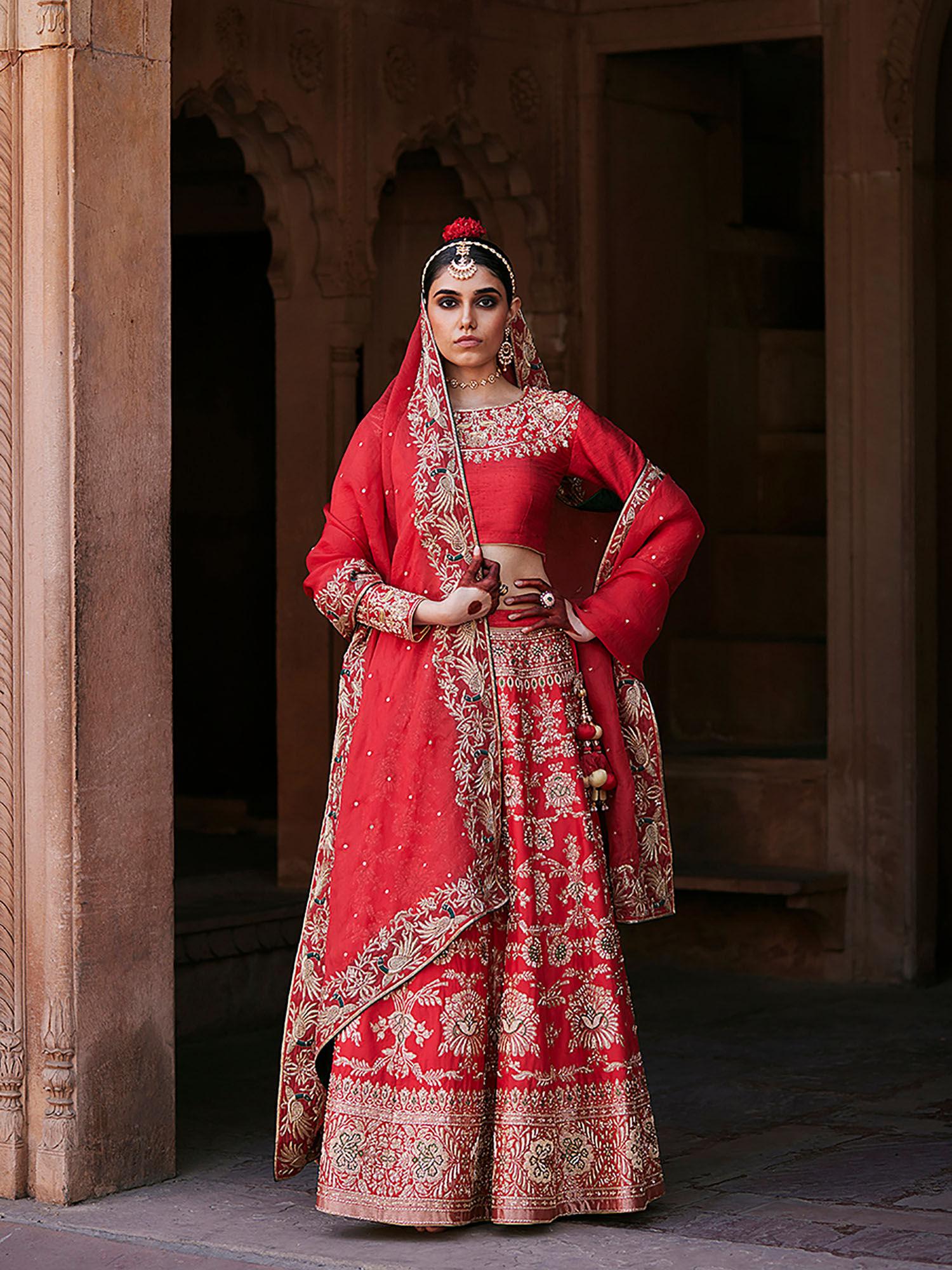 red hand brocade lehenga with choli and pure organza dupatta (set of 3)