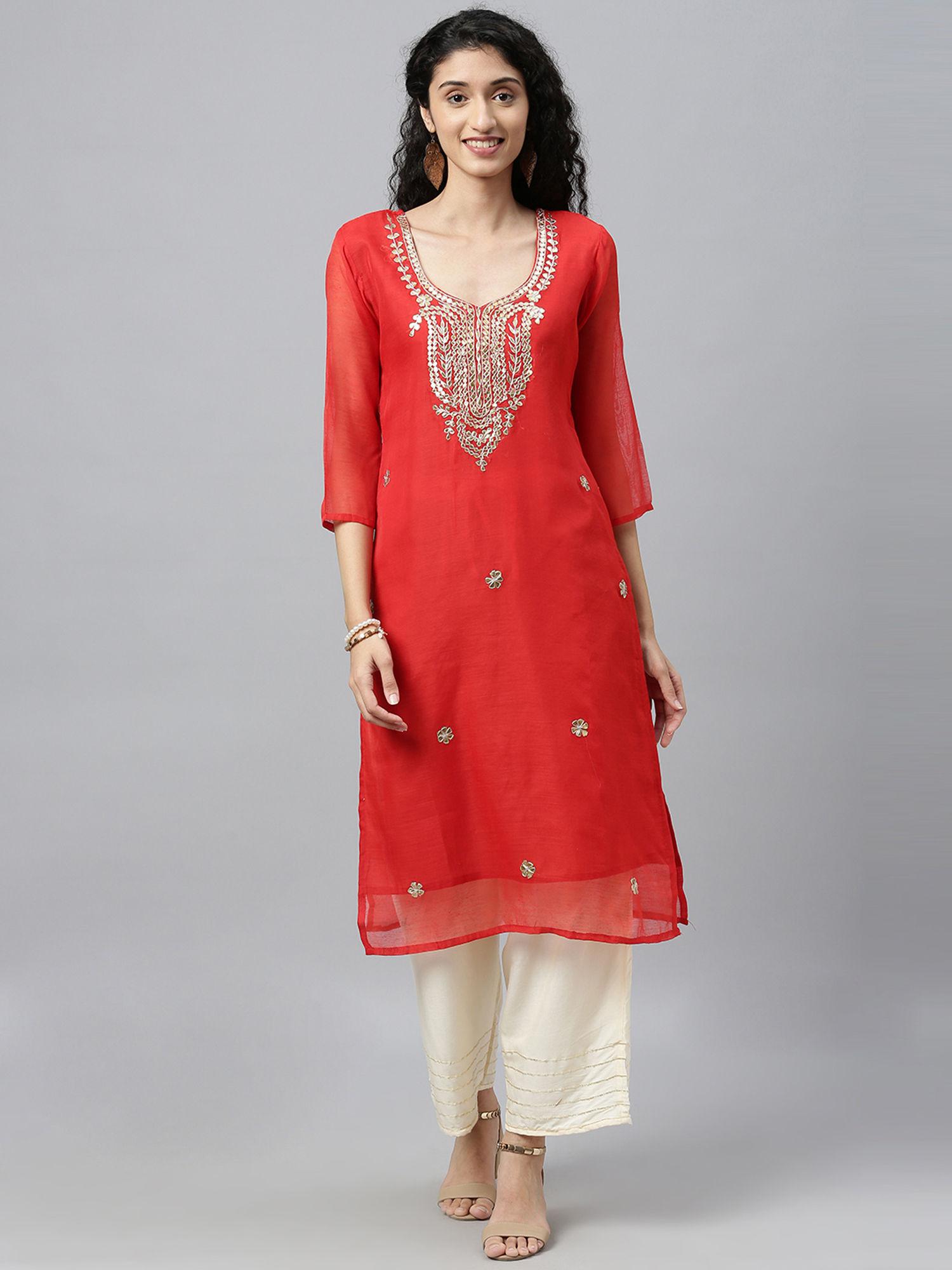 red hand embroidered chanderi kurta with off white palazzo