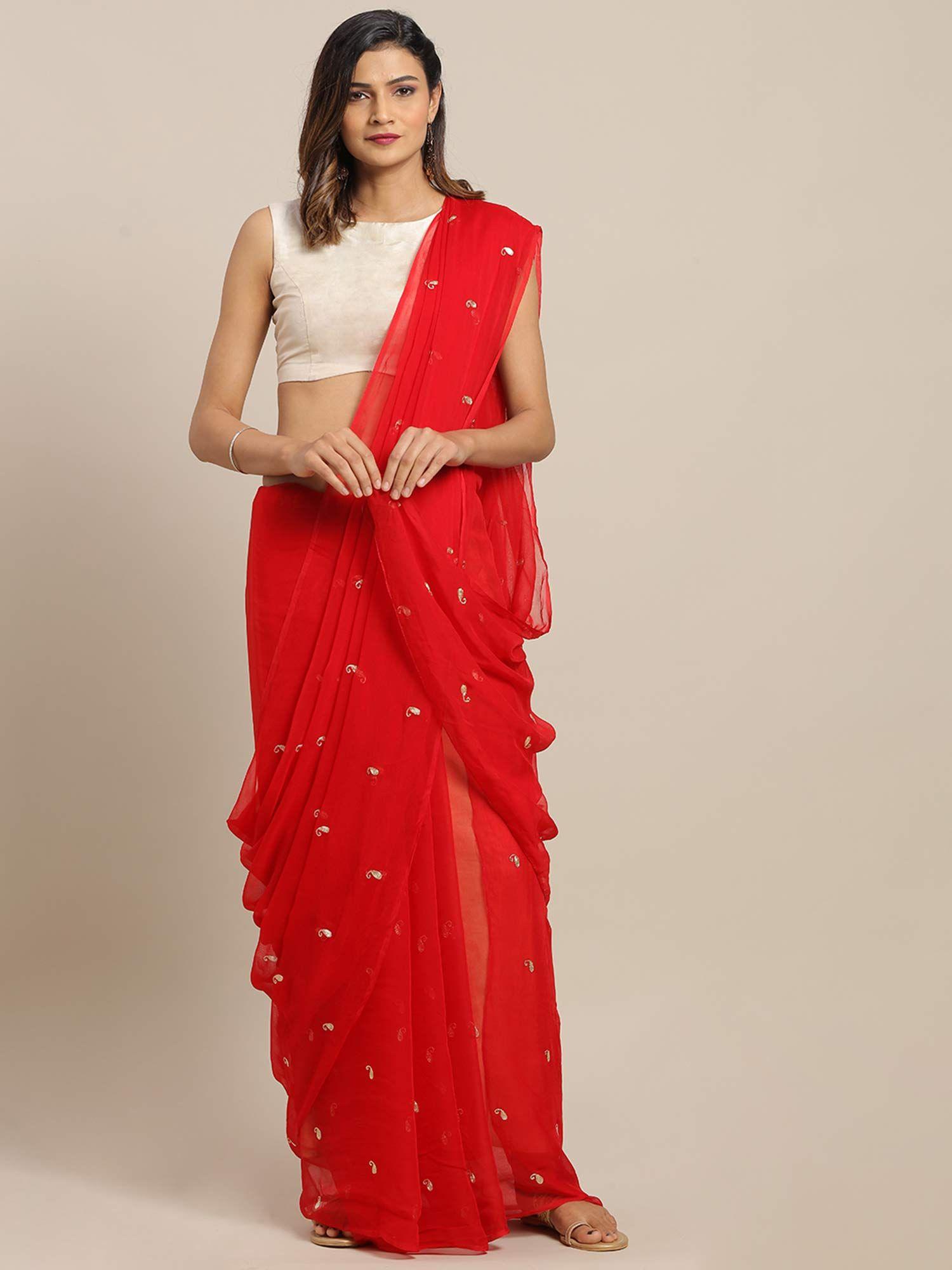 red hand embroidered chiffon saree