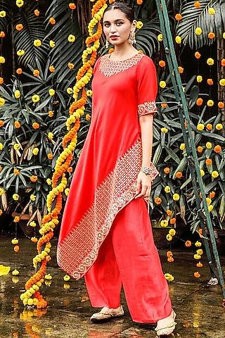 red hand embroidered kurta set