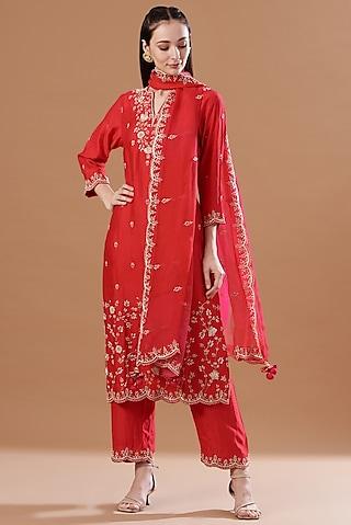 red hand embroidered kurta set