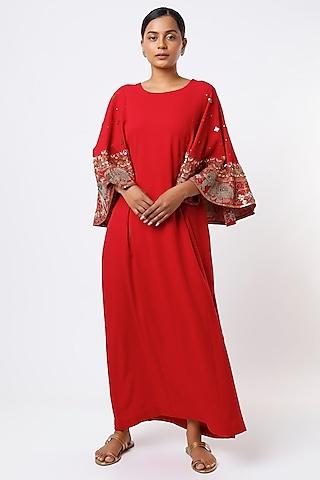 red hand embroidered maxi dress
