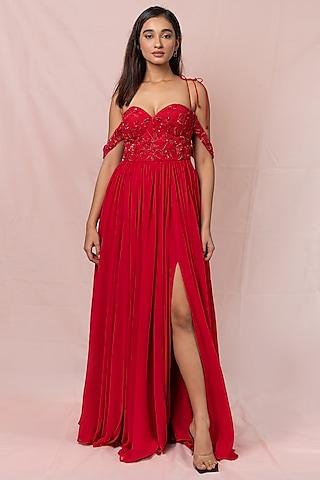 red hand embroidered off-shoulder gown