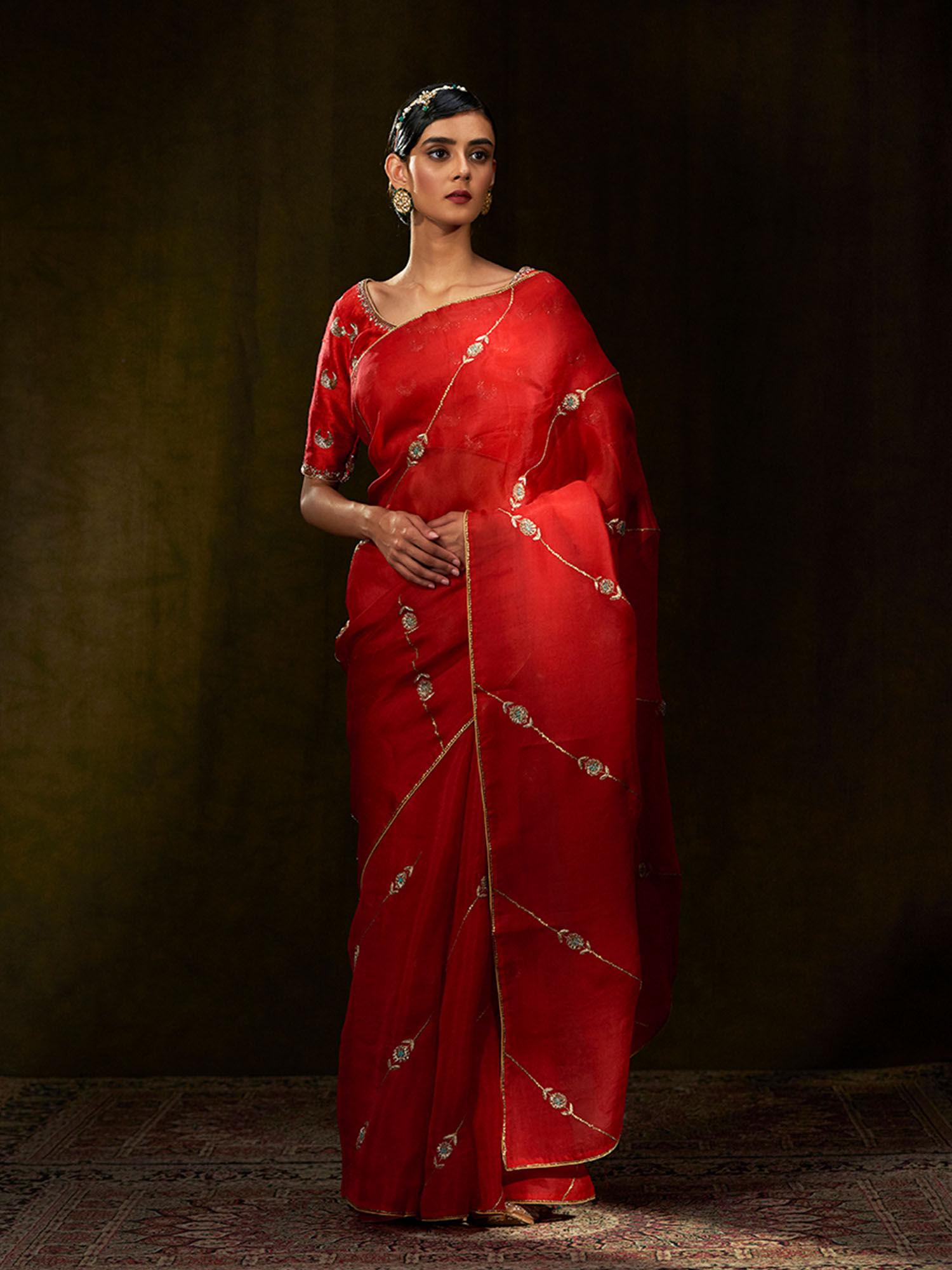 red hand embroidered organza saree with zardozi bel