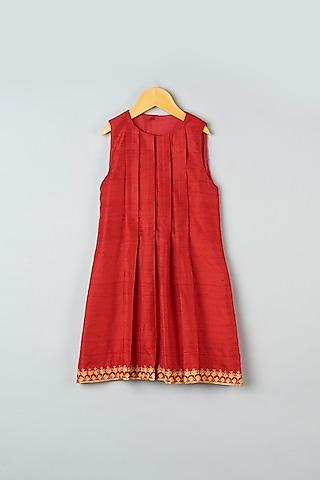 red hand embroidered pleated dress for girls