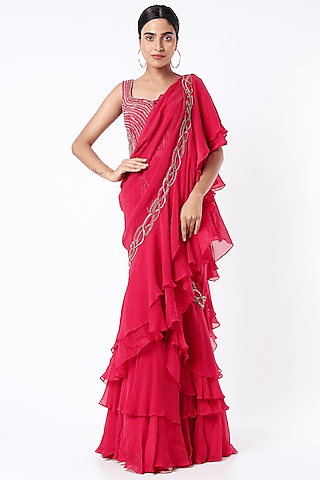 red hand embroidered pre-draped saree set