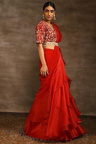 red hand embroidered pre-stitched saree set