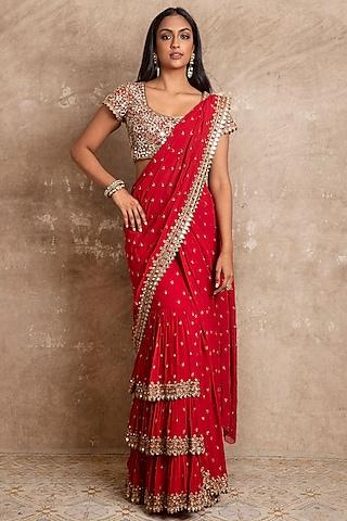 red hand embroidered saree set