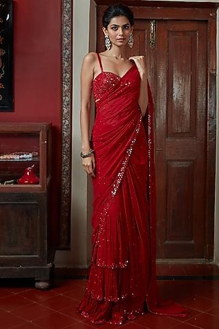 red hand embroidered saree set