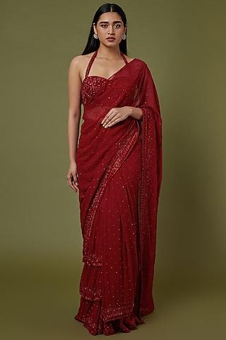 red hand embroidered saree set