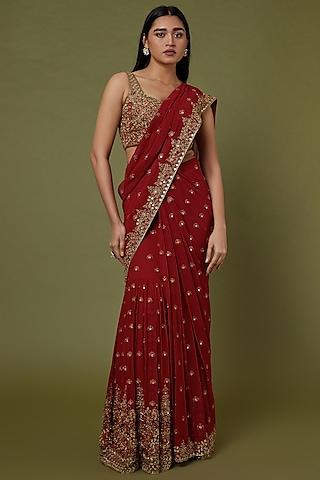 red hand embroidered saree set