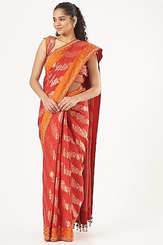 red hand embroidered saree set