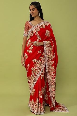 red hand embroidered saree set