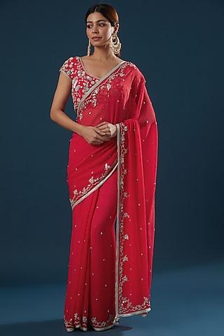 red hand embroidered saree set