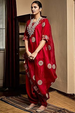 red hand embroidered short kurta set