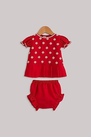 red hand embroidered top with shorts for girls