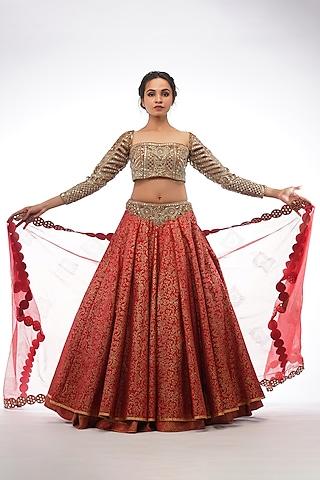 red hand painted & embroidered lehenga set