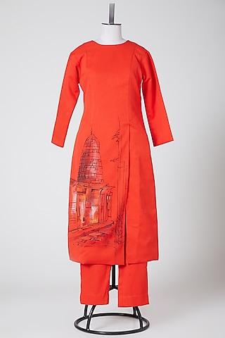 red hand painted viscose kurta set