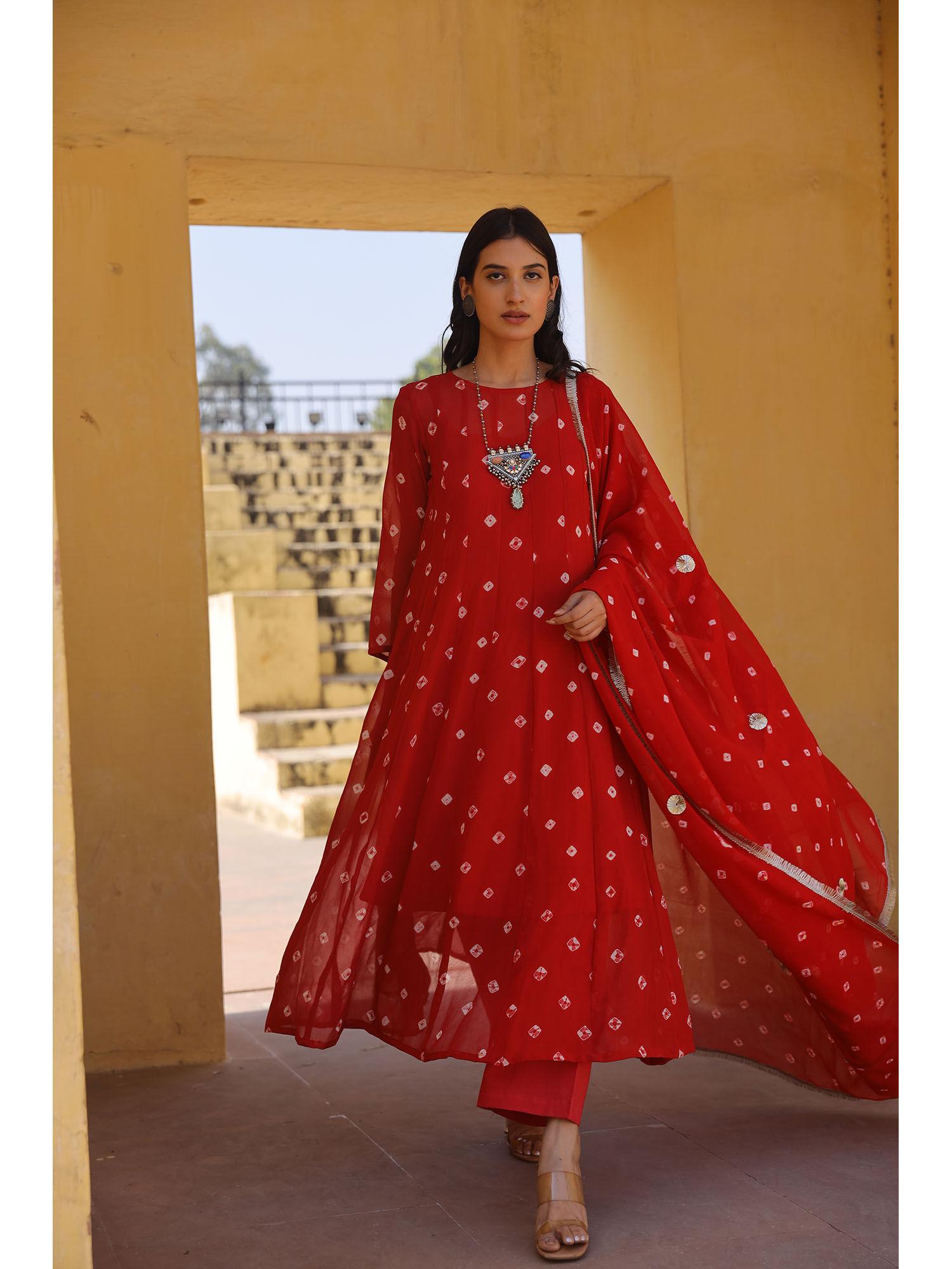 red hand printed bhandhej anarkali (set of 4)