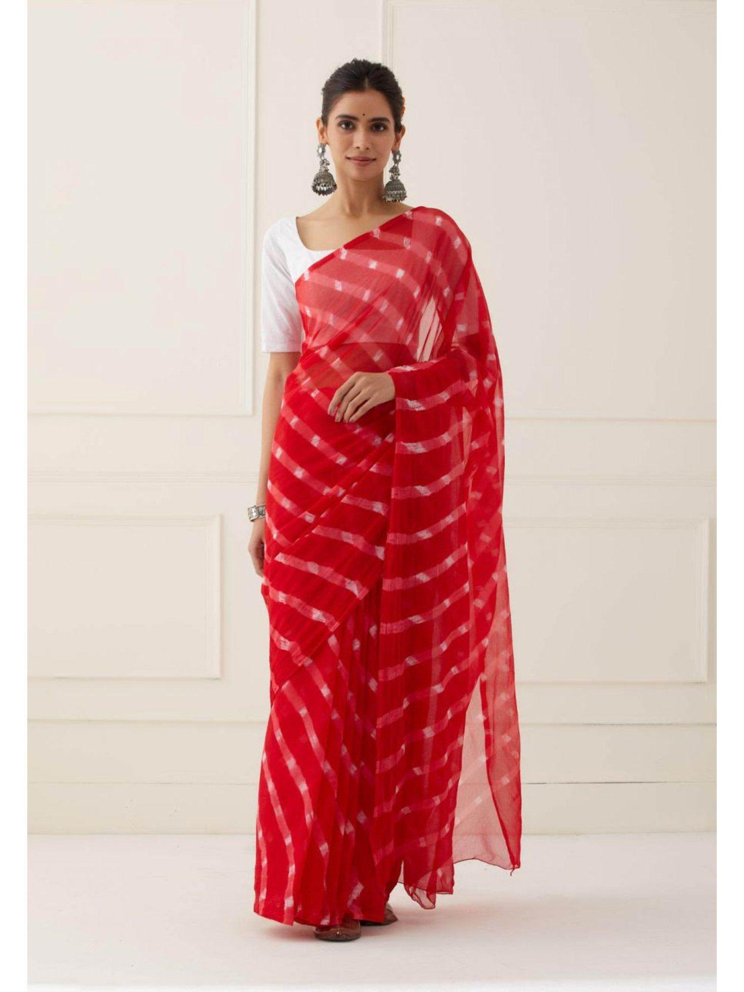 red hand tie and dyed mothda chiffon saree with unstitched blouse