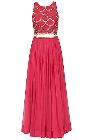 red handcut motifs crop top and skirt set