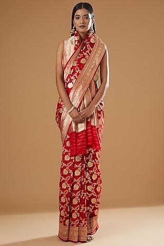 red handwoven banarasi saree set