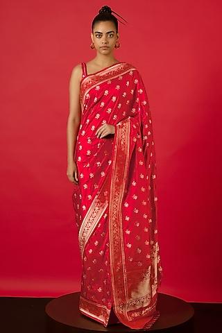 red handwoven banarasi silk saree set