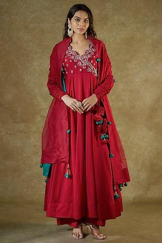 red handwoven chanderi sequins & resham embroidered anarkali set