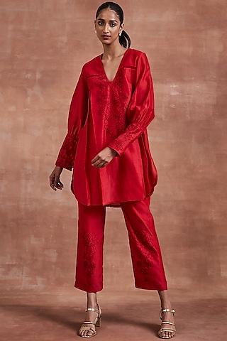 red handwoven chanderi silk dori embroidered box-pleated kurta set