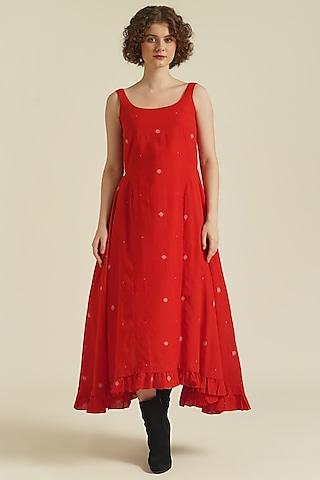 red handwoven jamdani cotton dress