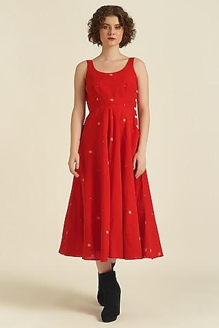 red handwoven jamdani cotton dress