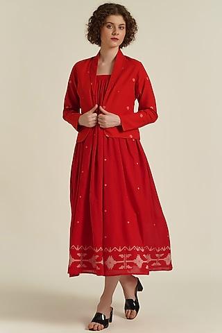 red handwoven jamdani cotton gathered jacket dress