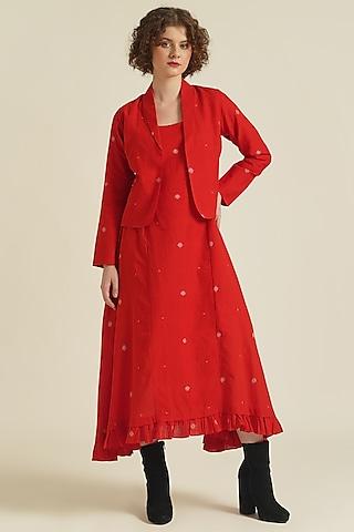 red handwoven jamdani cotton jacket dress