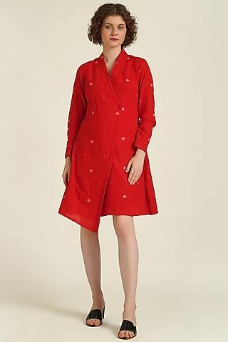 red handwoven jamdani cotton jacket dress