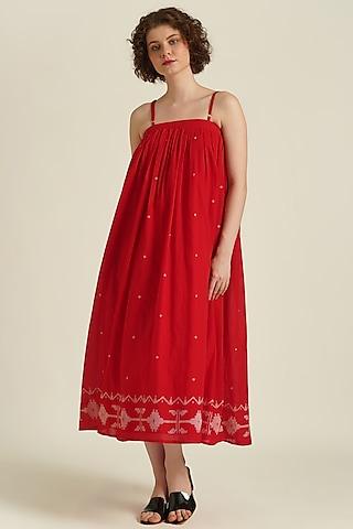 red handwoven jamdani cotton strap dress