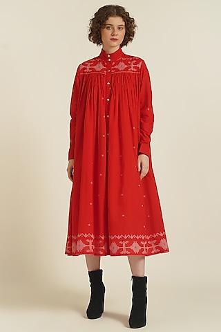 red handwoven jamdani cotton tiered shirt dress