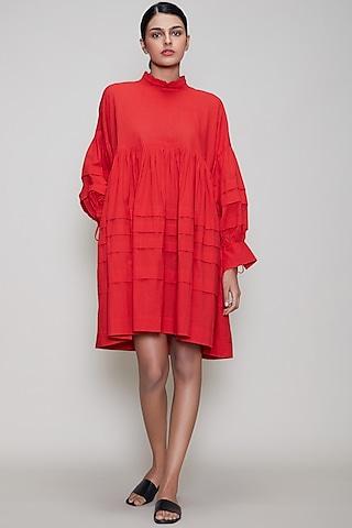 red handwoven pleated dress