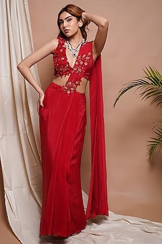 red heavy crepe pre-stitched draped saree set