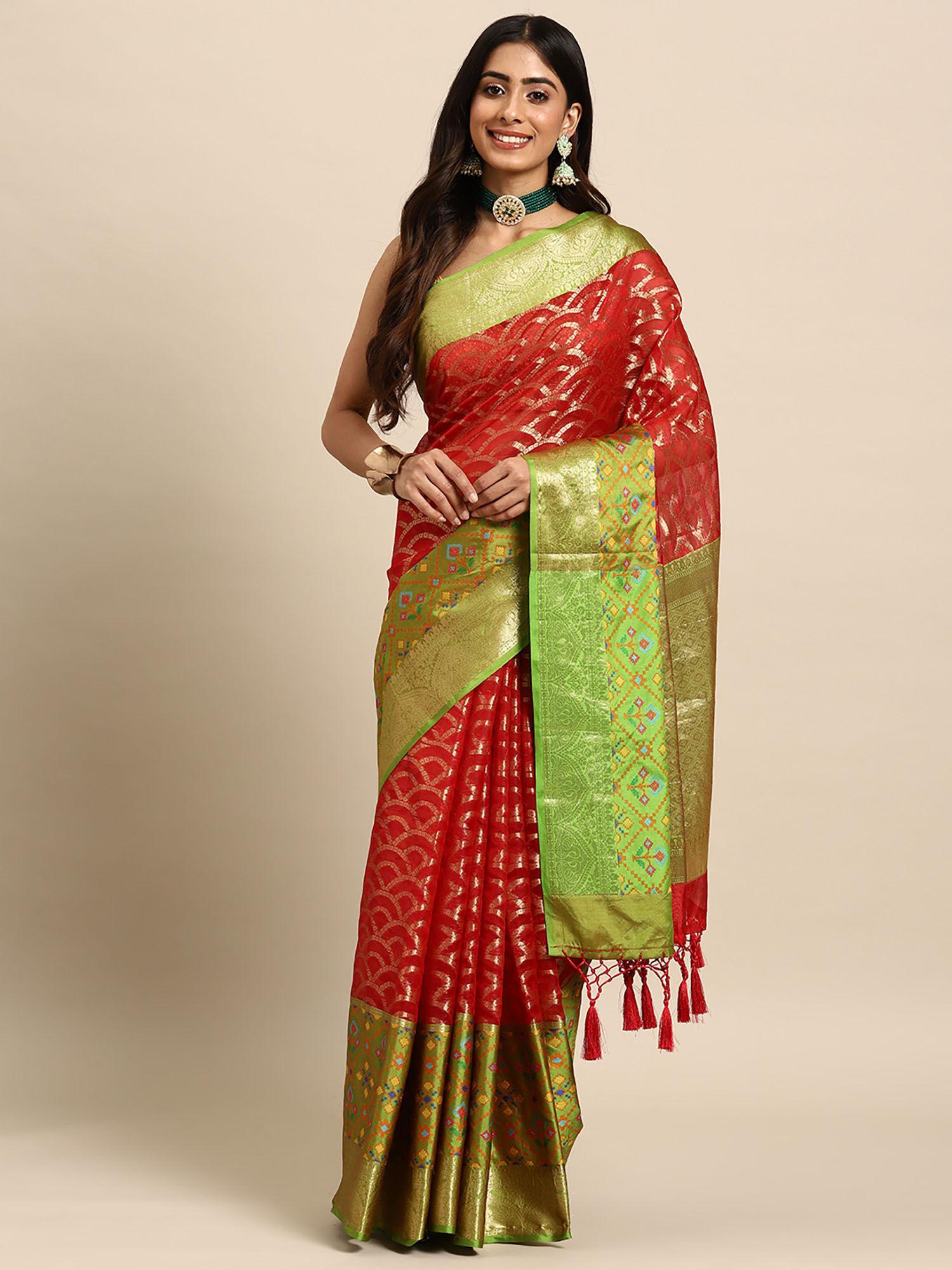 red heavy woven zari silk bollywood style saree with unstitched blouse