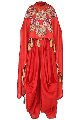 red high-low embroidered cape with dhoti